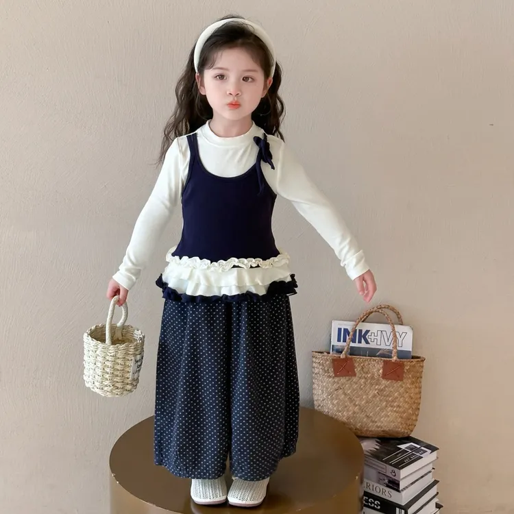 女童套装2025春季新款儿童内搭修身设计感假两件叠穿上衣休闲长裤