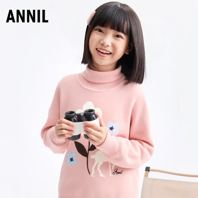 安奈儿女童高领提花毛衣2025冬新款高翻领针织毛衫EG544638