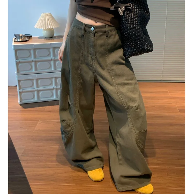 【清仓+运费险】复古军绿色水洗棉工装裤女显瘦休闲弯刀宽松牛仔裤