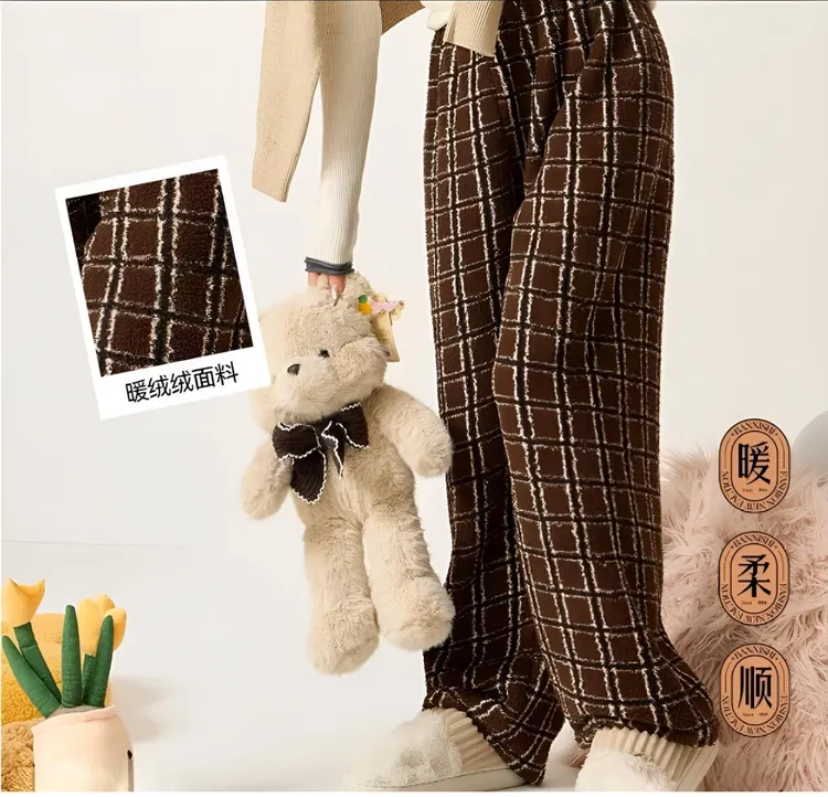 爆款糯米绒居家睡裤加绒加厚大码可外出格纹条纹休闲可外穿睡裤女