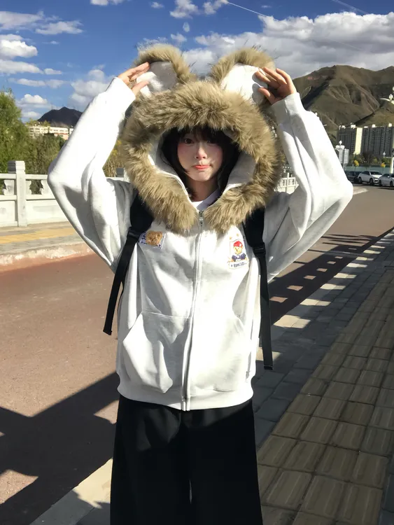 纯棉可拆卸毛领美式小熊耳朵外套女连帽卫衣拉链开衫上衣秋冬加绒
