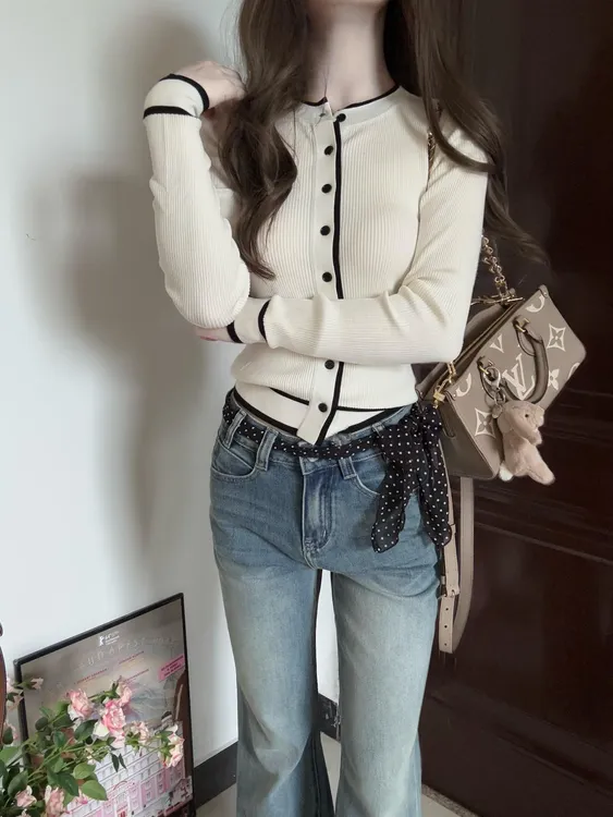韩系秋季短款白色针织衫开衫毛衣女小香风温柔修身内搭打底衫上衣
