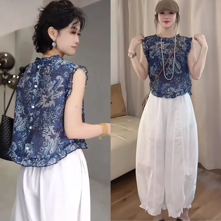 2025夏季超好看夏季两件套女装时尚飞袖碎花小衫+九分灯笼裤套装