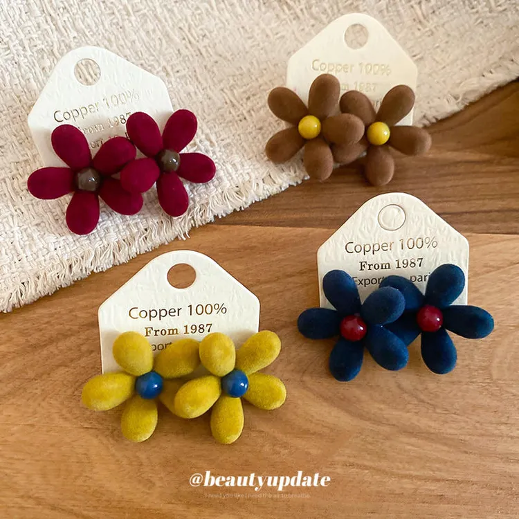 银针亚克力植绒花朵耳钉多巴胺小众时尚百搭耳环轻奢高级感耳饰女