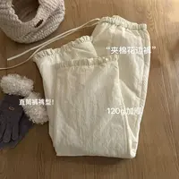 小文姐 W1016-‘夹棉花边裤’春季拼接休闲百搭女宽松夹棉裤直筒裤