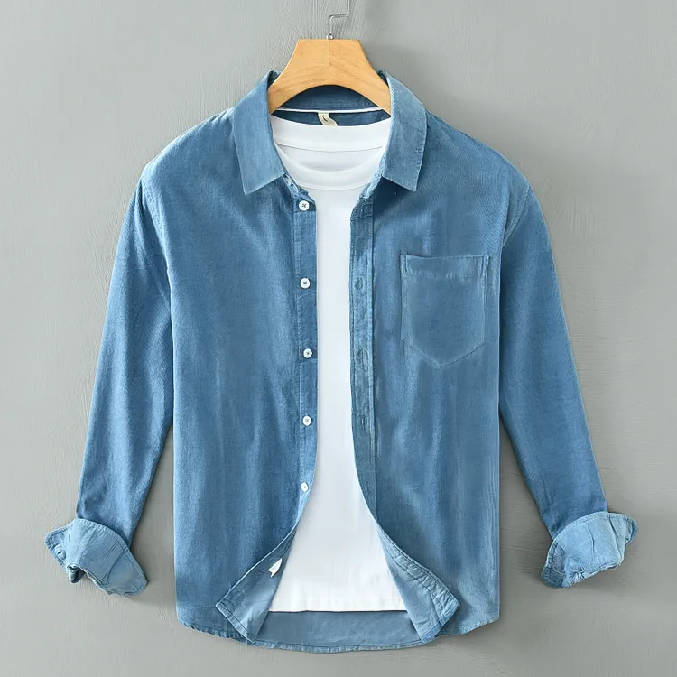 D117纯棉灯芯绒长袖方领宽松型青年春秋休闲纯色水洗衬衫上衣男装