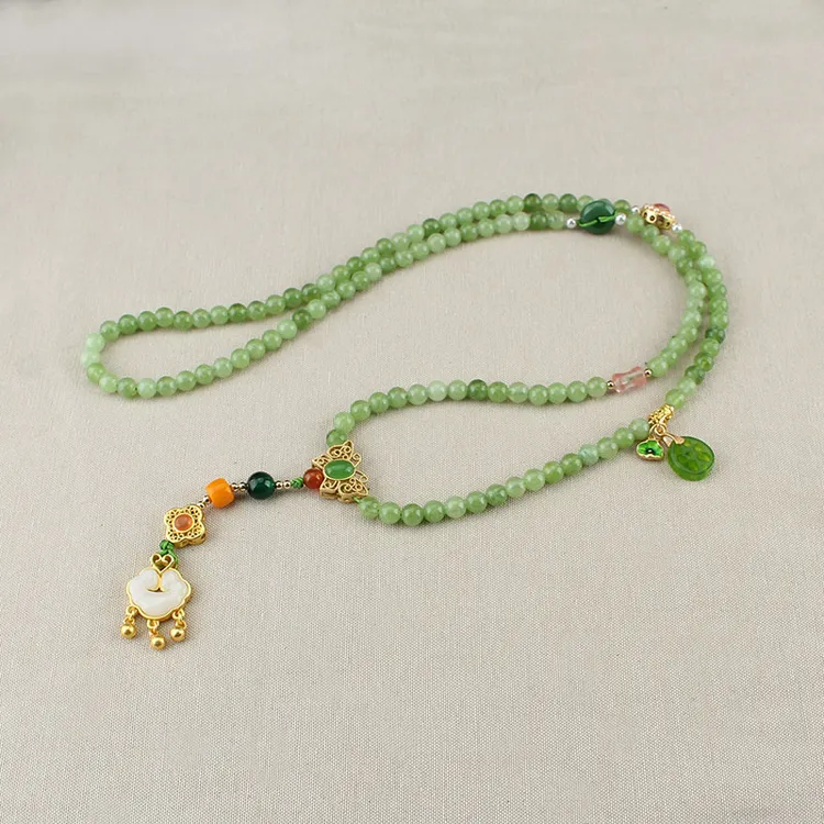新中式国风绿色串珠项链女平安如意锁吊坠长款毛衣链古风旗袍配饰