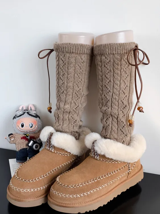 卡其色羊毛镂空针织小腿袜女秋冬季加厚保暖复古堆堆袜搭配雪地靴