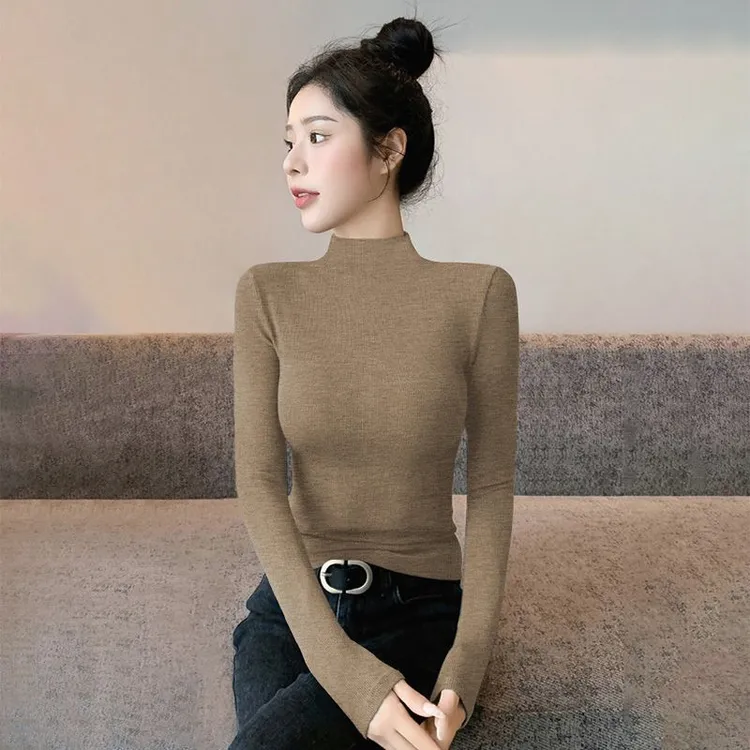 螺纹半高领修身长袖T恤女打底衫秋冬新款百搭显瘦弹力上衣ins