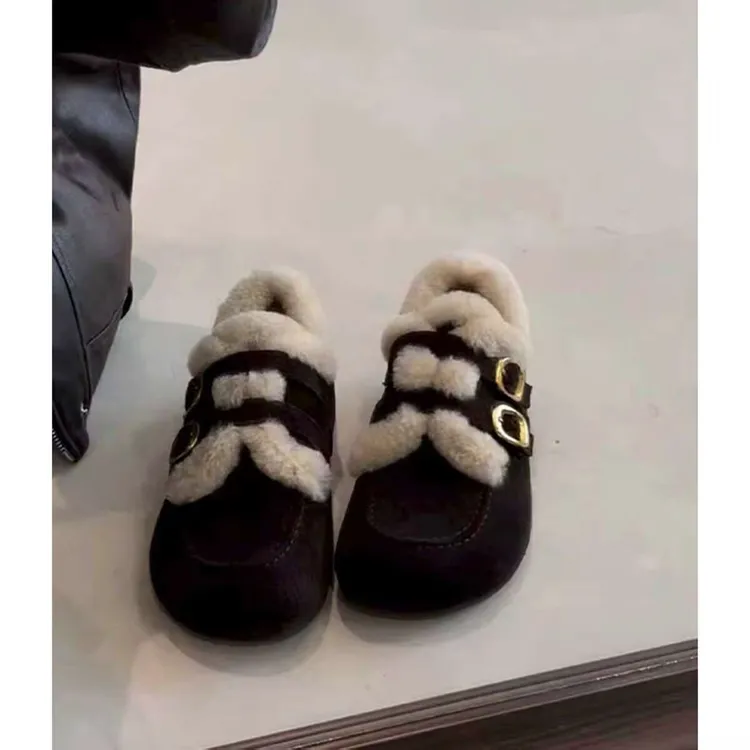 皮带扣圆头一脚蹬拖鞋秋冬新款低跟半包毛绒博肯鞋女