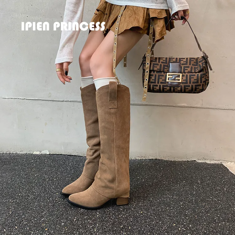 复古西部牛仔靴女2025夏季新款尖头粗跟裤管靴棕色美拉德长筒靴子