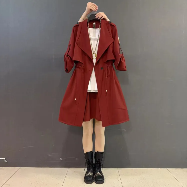 早春新款翻领抽绳收腰胖MM中长款风衣百搭通勤风外套