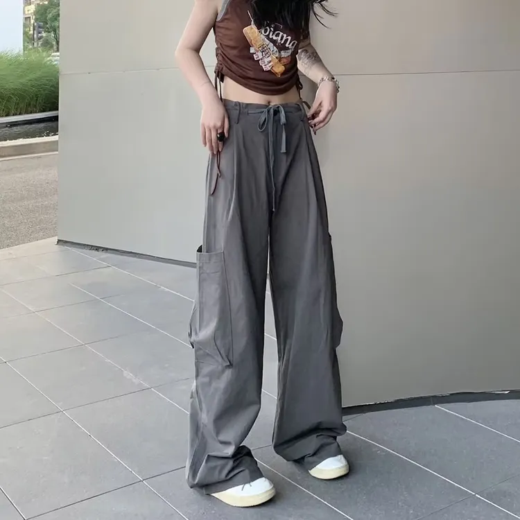 美式工装直筒休闲裤女秋季新款抽绳高腰显瘦宽松拖地阔腿裤子