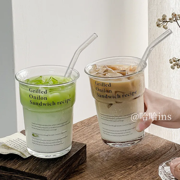 ins风反口透明玻璃杯高颜值字母咖啡杯大容量冷饮杯果汁杯牛奶杯