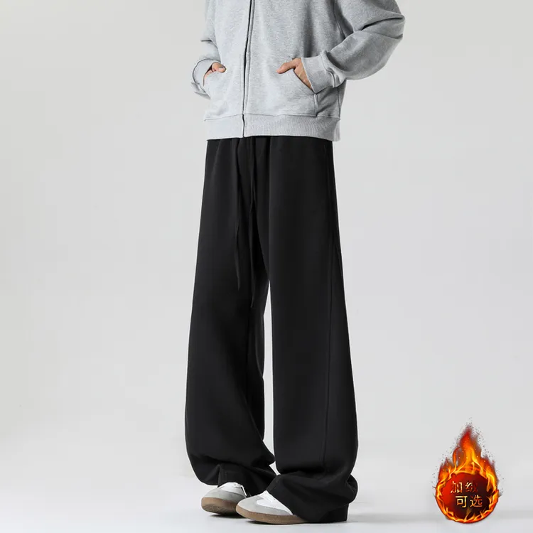 秋冬加绒的美式重磅弯刀裤子男女高街潮流运动卫裤宽松直筒休闲裤