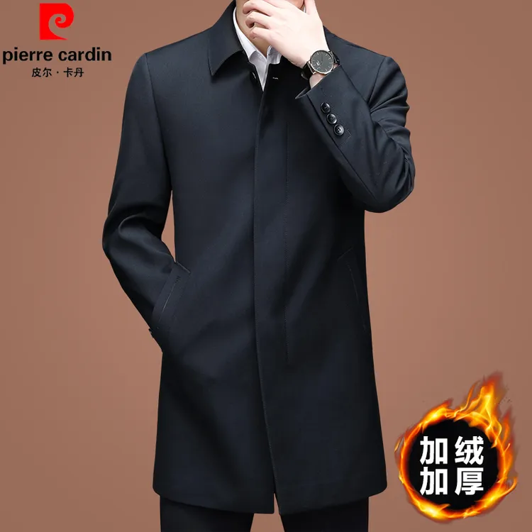 皮尔卡丹冬季风衣男士加绒加厚中老年翻领爸爸男装中长款休闲外套