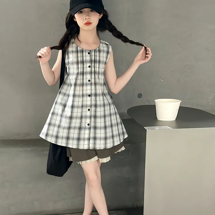 女童夏装衬衫格子背心单排扣无袖衬衣小女孩6-12岁假两件短裤薄款