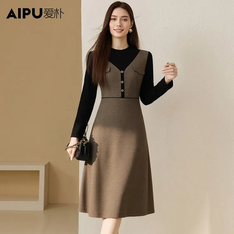 2987爱朴大码女装冬季新款时尚洋气显瘦减龄拼接假两件连衣裙女