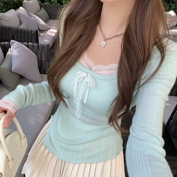 韩系甜辣风薄荷绿花边上衣女2025春季新款修身长袖T恤设计感小众