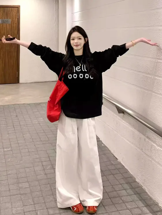 100%纯棉新款宽松长袖t恤女显瘦百搭韩版休闲慵懒风圆领打底上衣