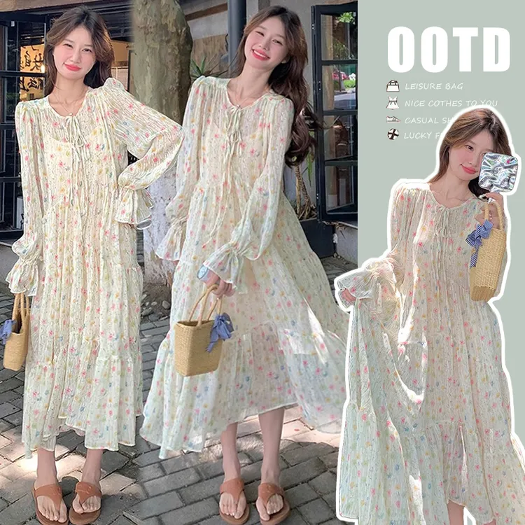 孕妇装春装春装新款法式温柔碎花孕妇连衣裙两件套V领长款聚会穿M