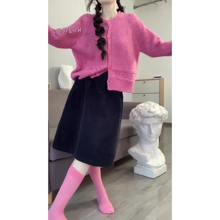 MARIE.COCO甜美风粉色镂空长袖针织开衫上衣女秋季高腰A字半身裙
