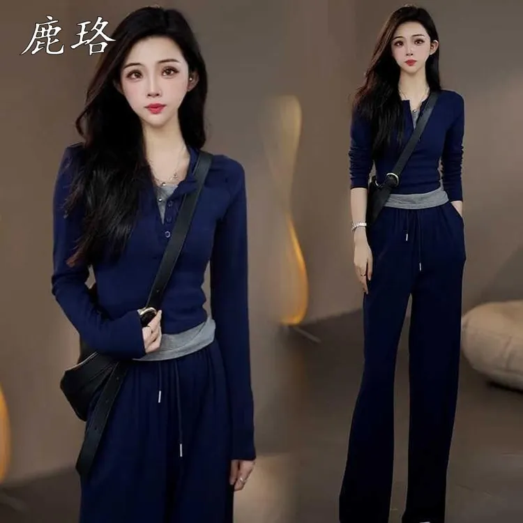 休闲运动套装女2025秋季新款气质减龄V领假两件上衣阔腿裤两件套
