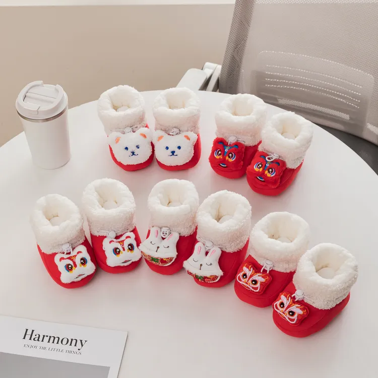 红色婴儿鞋子冬季男女童小月龄婴幼儿宝宝鞋袜加绒软底棉鞋防掉跟