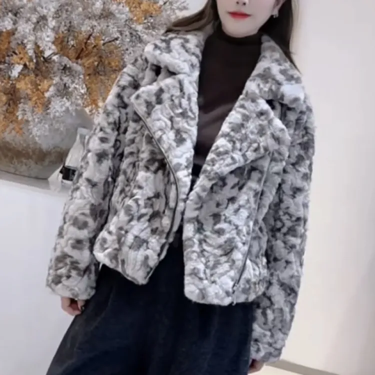 设计师款小豹纹大翻领拉链毛毛外套短外套
