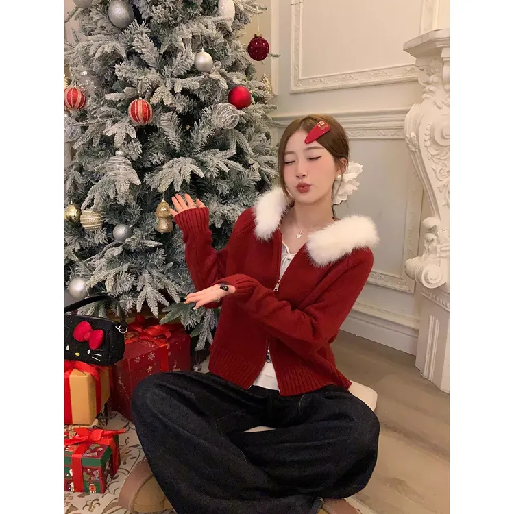 连帽针织衫女款爆款2025新款外穿拉链开衫毛衣红色系穿搭毛领外套