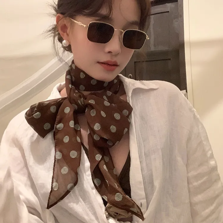 棕色波点丝巾女款爆款2025新款百搭高级感小丝巾长条薄款丝带脖饰