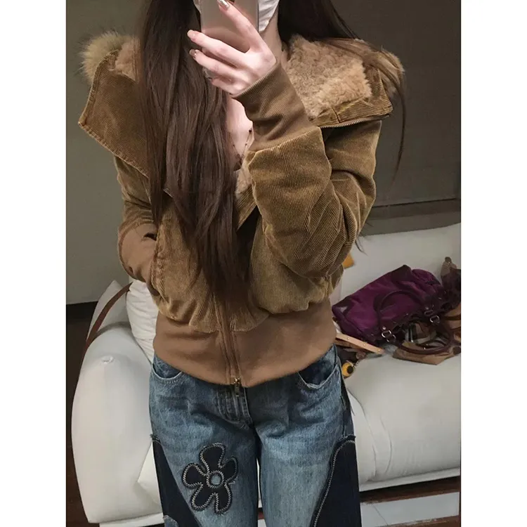 美式毛领连帽短款棉服女款秋冬季加绒加厚收腰修身派克服外套上衣