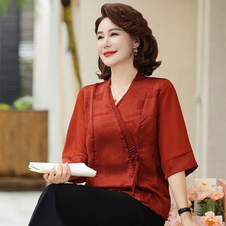 新中式国风丝缎提花盘扣斜门禁中袖上衣