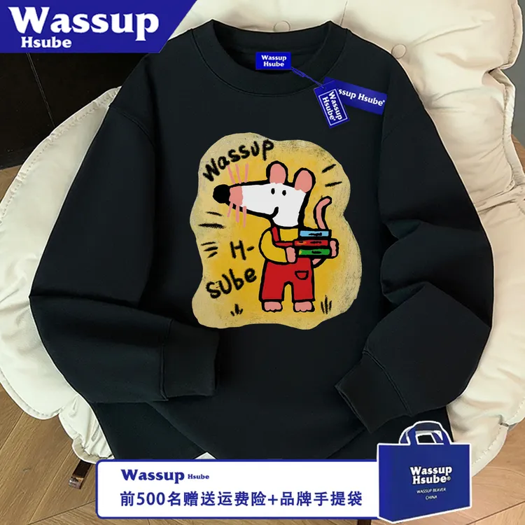 WASSUP HSUBE潮流长袖秋冬百搭痞帅宽松卡通老鼠休闲印花情侣上衣