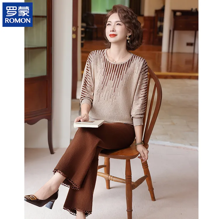 罗蒙妈妈秋装圆领套装中老年女装花色针织上衣2025新款休闲两件套