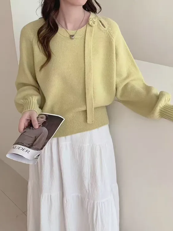 设计感挂脖飘带灰色毛衣女秋冬小心机时尚内搭打底针织衫洋气上衣