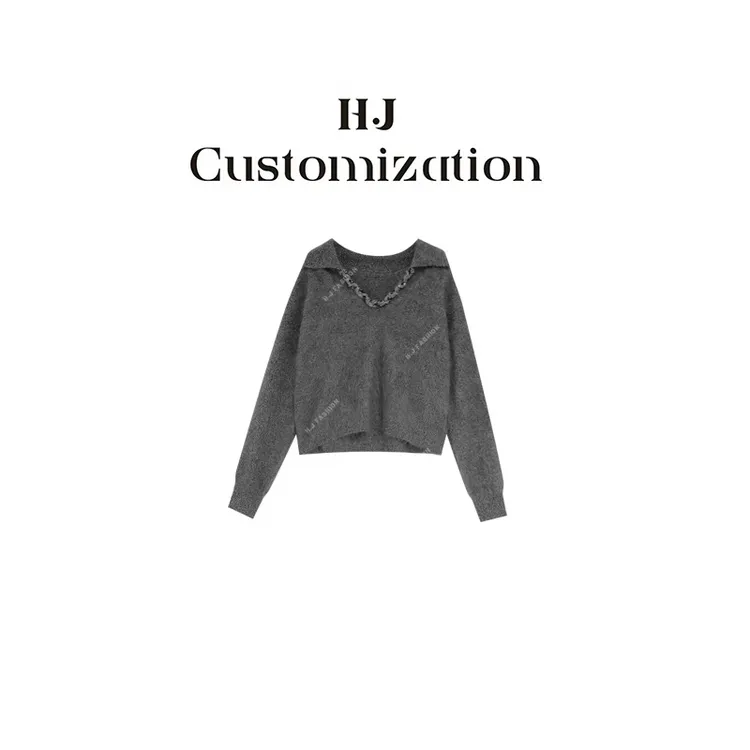 【郝洁】“人生毛衫”时尚法式V领重工亮片蚕丝羊绒拉毛翻领毛衣3519