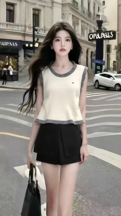 慵懒氛围感百搭休闲穿搭杏色圆领无袖毛衣针织衫+黑色百搭短裤女