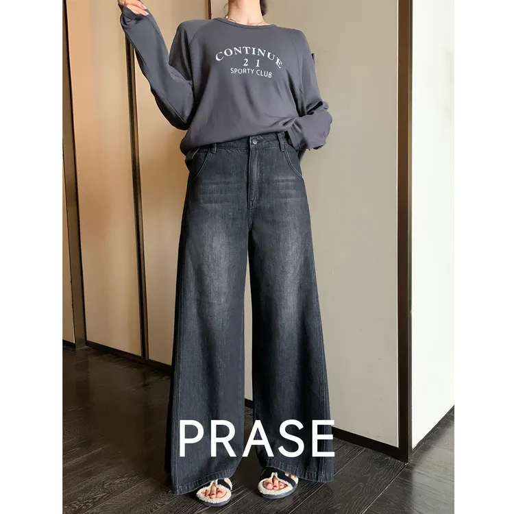 PRASE·噜【塞纳午夜】牛仔棉设计感黑色复古阔腿牛仔裤PR510C32