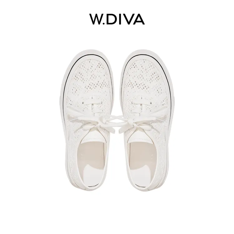 W.Diva【夏白】夏季重工蕾丝洋气透气网纱真皮包边小白鞋50X222507