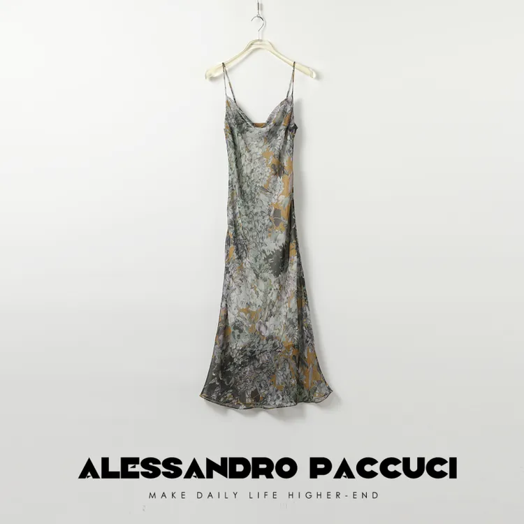 AP洛哥42029LL【花海】100桑蚕丝油画风花卉时尚荡领吊带连衣裙夏季