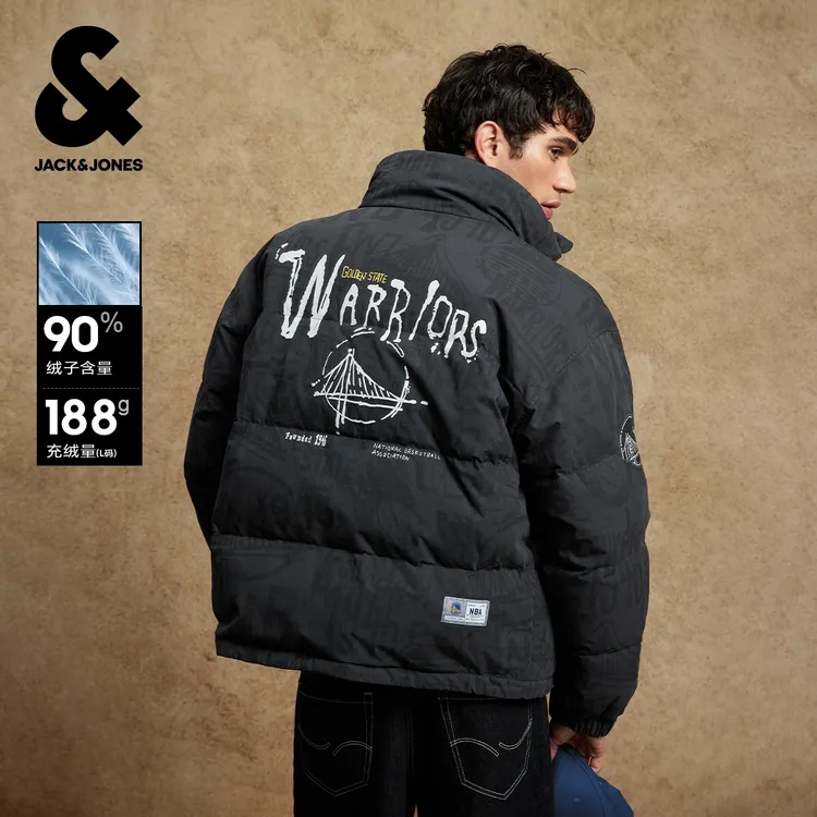 【NBA联名勇士队】杰克琼斯冬男士立领羽绒服外套满印字母宽松男装