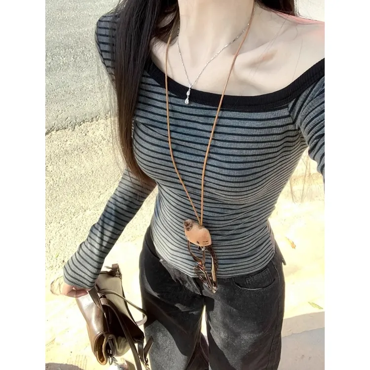 辣妹风条纹T恤女斜肩一字领长袖上衣2025秋季修身显瘦内搭打底衫