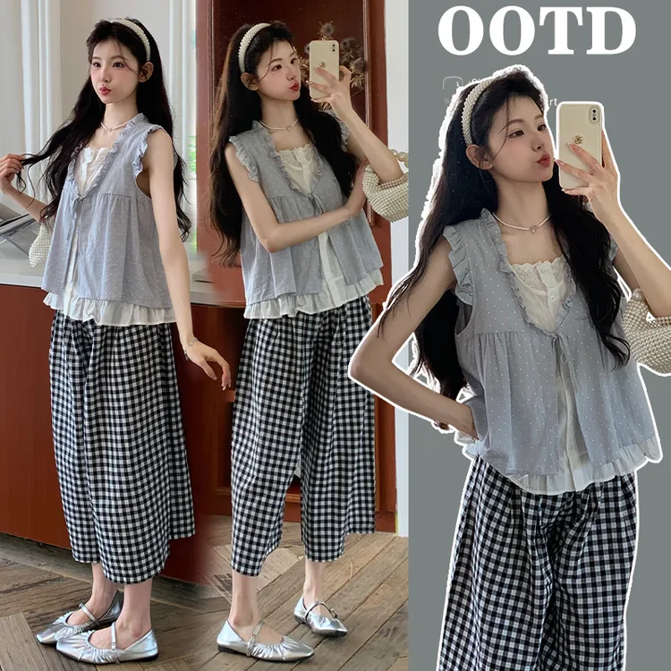 孕妇夏季新款洋气小个子甜美小清新穿搭拼接上衣格纹阔腿裤两件套