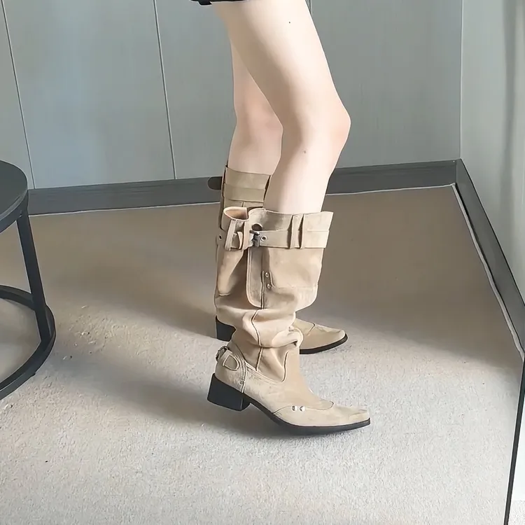 陈小凡卡其色靴子女夏天配裙子薄款时装靴筒靴复古西部堆堆靴长靴
