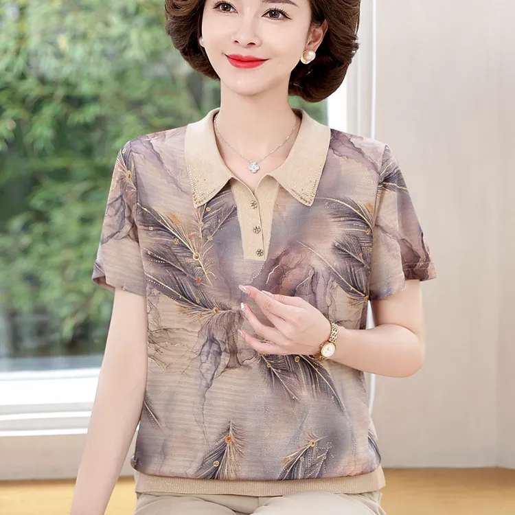 中老年女翻领薄上衣妈妈夏装短袖T恤洋气老太太印花宽松小衫打底