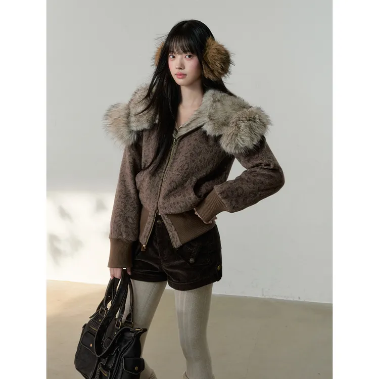 番茄妹妹Tomatosister 韩系豹纹复古毛领显瘦连帽外套女