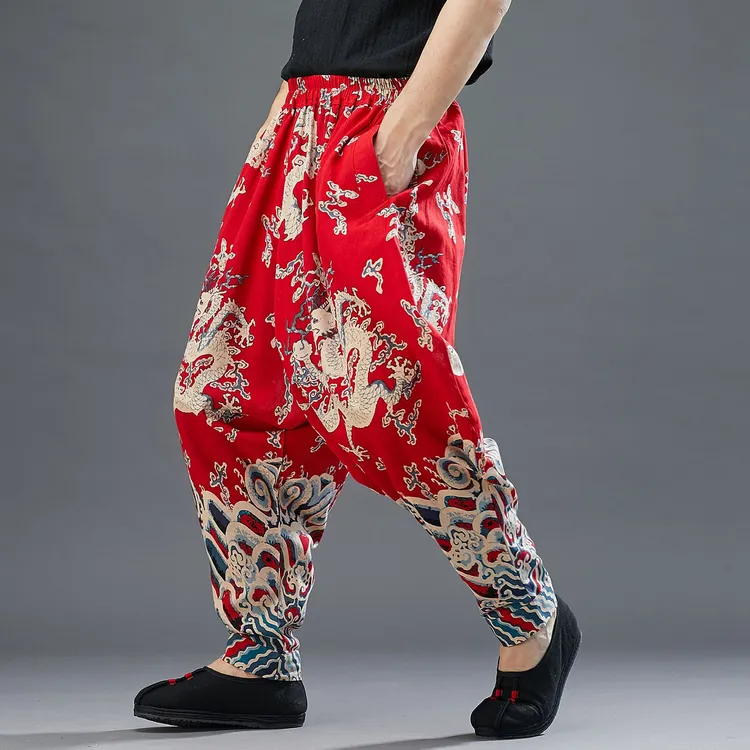 男式休闲裤夏季2025中国风棉麻印龙宽松尼泊尔大裆裤