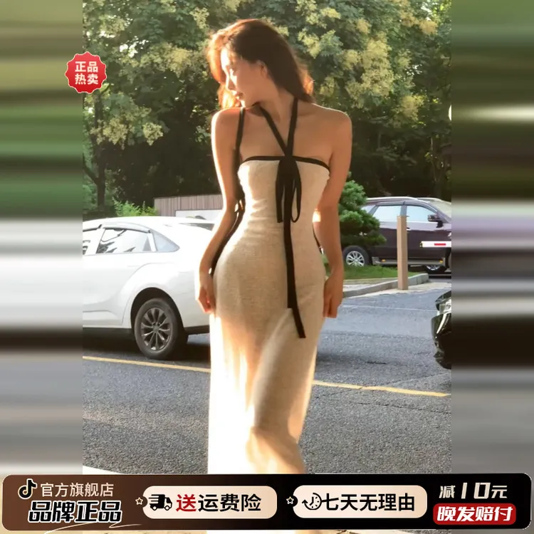 法式白色挂脖吊带抹胸连衣裙子女夏季2025新款轻熟小众不撞款长裙