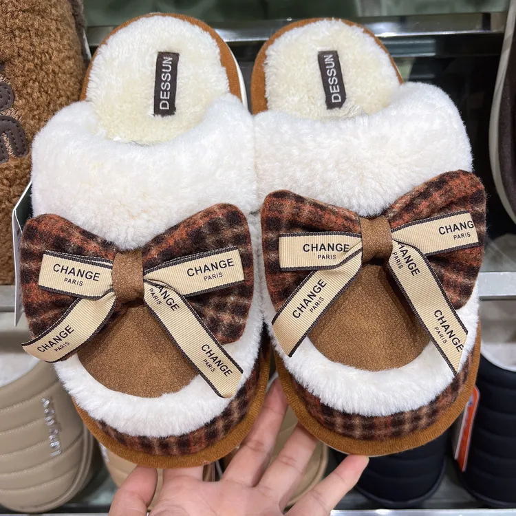 女士蝴蝶结加绒棉拖鞋冬季室内居家保暖防滑情侣款踩屎感毛绒加厚